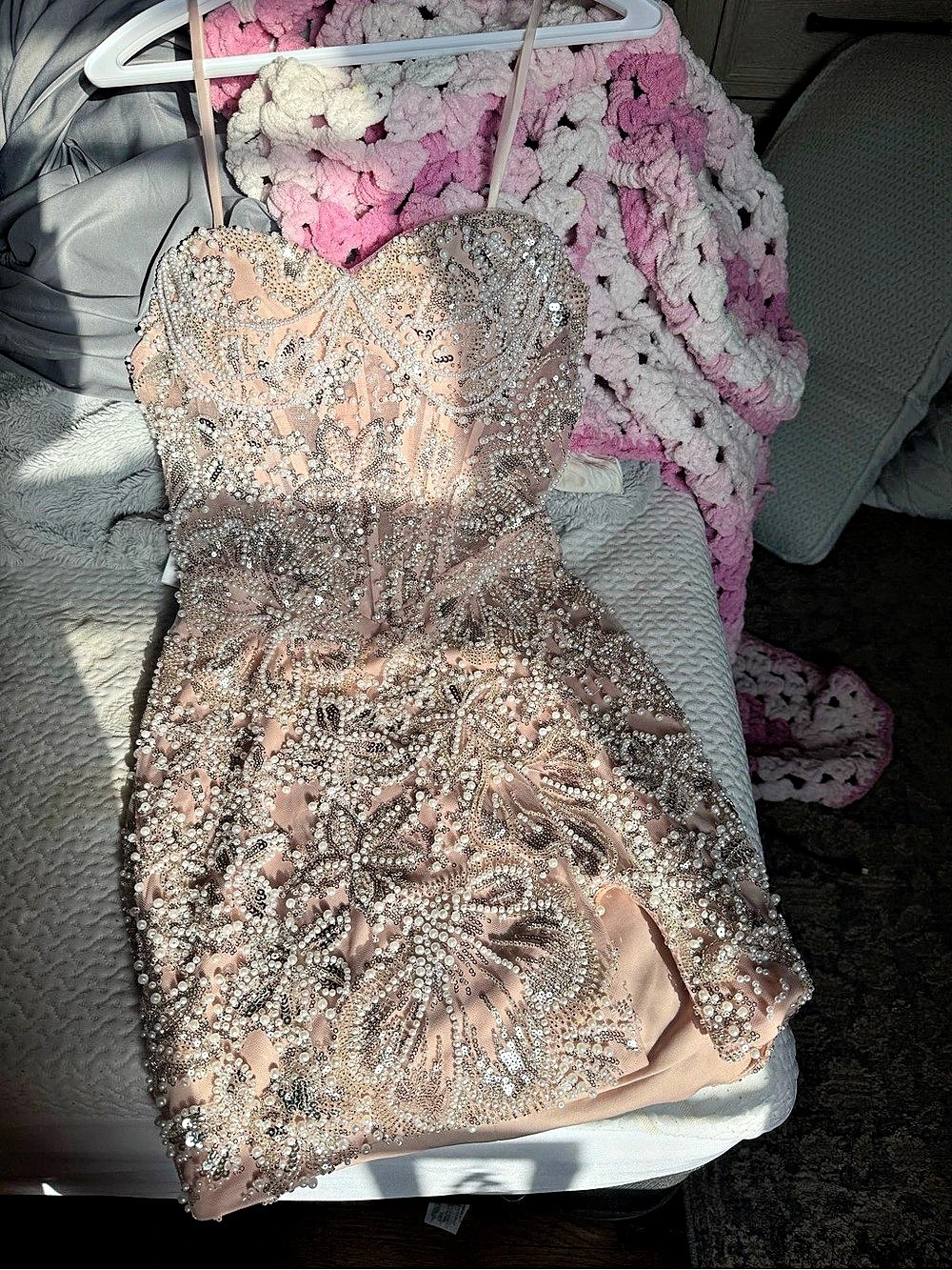 House of Miri Pink Perth Sequin + Pearl Beaded Corset-Back Mini Dress